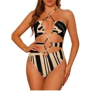 INSPIRE CHIC Halter Criss Cross 1 Piece String Cut Out Swimsuit $55 New Large